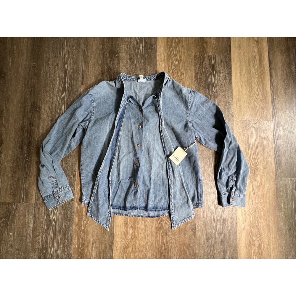 A.N.A Denim Button Down Shirt Womens Lg. Blue Tie Front Long Sleeve Medium‎ Wash